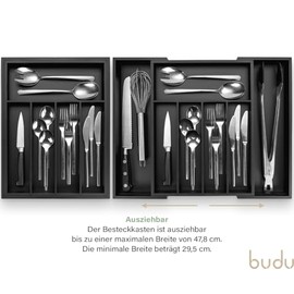budu Cutlery Tray #38 (Depth 38 cm) Made of Bamboo - Black - Drawer Organiser System for the Kitchen - Cutlery Tray for Bamboo Drawers - Extendable - Kitchen Drawer Organiser - Kitchen Organiser