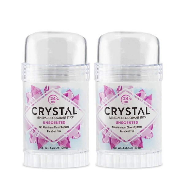 CRYSTAL Mineral Deodorant Stick - Unscented Body Deodorant With 24-Hour Odor Protection, Non-Staining & Non-Sticky, Aluminum Chloride & Paraben Free, 4.25 oz, (2 Pack) (Packaging May Vary)