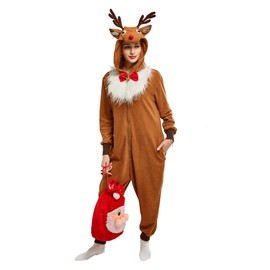 haikyuu Women Adult Christmas Onesie Pajama Long Sleeve Hooded Kigurumi Homewear Costume Outfits (medium, Reindeer brown)