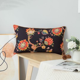 VOGOL Farmhouse Style Soft Lumbar Pillow Cover, Linen Textured Red Flower Printing Decorative Rectangular Pillowcase, 12x20 Inches Cushion Cover for Bedroom Bed Couch Sofa Car, 1 Piece