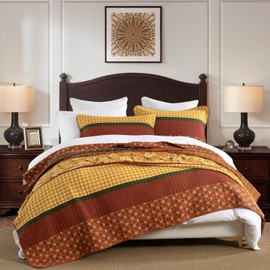 SahSahCasa 100% Cotton Quilt Queen Size, Queen Quilt Set, Vintage Elegant Floral Reversible Boho Quilted Bedspread Bedding Set Bohemian Lightweight Comforter for Queen Bed, 3pcs,Brown/Yellow/Green