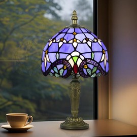 Crefotu Small Tiffany Style Table Lamp, 3 Color Temperatures Bedside Lamp, 8 Inch Stained Glass Desk Light for Home Office Bedroom Living Room (Purple Baroque)