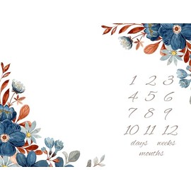 Blue Floral Days, Weeks, Months Milestone Blanket, Baby Blanket, Baby Blanket Gift, Personal Baby Blanket, Girl Baby Blanket, (50" x 60")