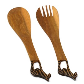 Global Crafts Hand carved Mhugu Wood Salad Serving Set, Zebra, Set of 2
