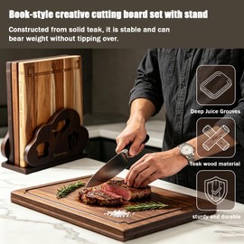 Teak Wood Book Cutting Board Set of 3 with Display Holder Non-Toxic