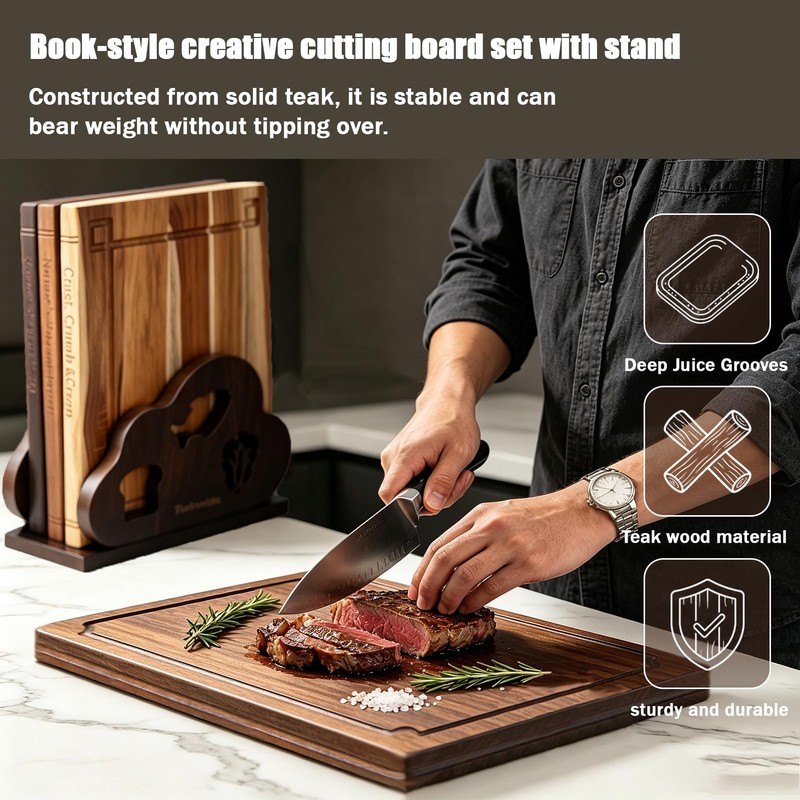 Teak Wood Book Cutting Board Set of 3 with Display