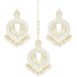 Aheli Gold Plated Kundan Pearl Studded Pear Shape Earring Maang Tikka Set Traditional Jewelry Gift for Women White