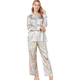 LougGen Womens Silk Satin Long Sleeve Pajamas Set Button Down 2 Piece Pjs Soft Comfy Oversized Sleepwear with Pockets Temperance flowers X-Large
