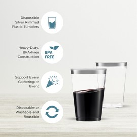 Posh Setting 10 OZ Clear Cups for Party, disposable drinking glasses, Clear Drinking cups Hard Plastic Tumblers, Cocktail Glasses, Bulk Cocktail party Supplies, Silver plastic Cups [60 pack].