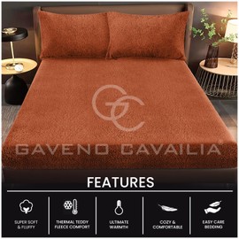 GC GAVENO CAVAILIA Teddy Fleece Plain King Size Fitted Sheets, Thermal Warm Sherpa Plush Soft Fluffy Cuddly Fitted Sheets King Size, Burnt Orange