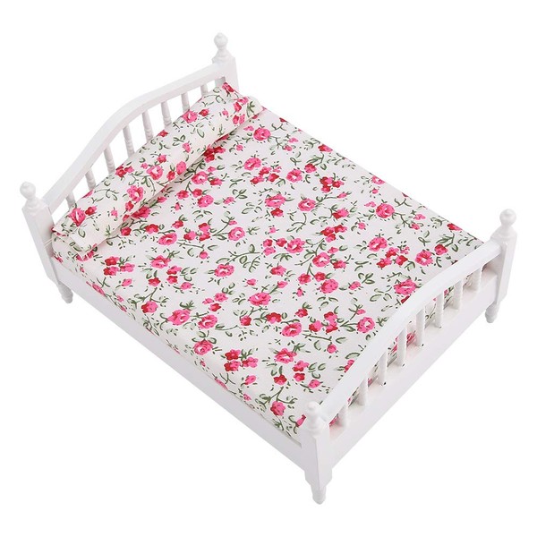 CHICIRIS Dollhouse Accessories Flower Pattern Mini Furniture Double Bed for