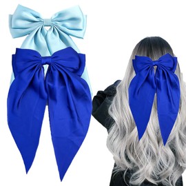 SALOCY Blue Hair Bows,2 PCS Satin Hair Bows Clip Big Blue Bow for Women Hair Ribbons Long Tail Hair Bow Hair Barrettes for Wedding Prom Party Charm (Light Blue,Royal Blue)