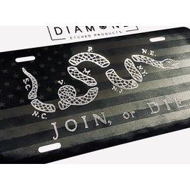 Laser US Flag & Diamond Etched Join Or Die Car Tag Vanity Front License Plate