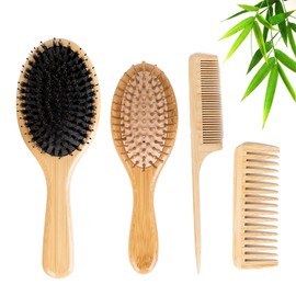 4 Pack Hair Brushes and Comb Set, Comb for Women and Men, Boar Bristle Brush,100% Bamboo Comb Paddle Detangling Hairbrush,Great on All Hair for Family