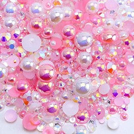 Perlas planas y diamantes de imitación de 60 g para manualidades, 3620 piezas de mezcla de 2 mm a 10 mm para uñas, vasos de arte facial, con pinzas, bolígrafo de cera, blanco, rosa