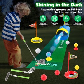 Golf Toy Set for Children, Mini Golf with 1 Dinosaur Automatic Golf Returner, 3 Scalable Golf Clubs, 6 Balls and Putting Mat, Indoor and Outdoor Sports Toy, Gift for Children