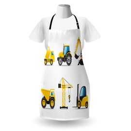 Lunarable Cartoon Apron, Style Heavy Machinery Truck Crane Digger Mixer Tractor Construction, Unisex Kitchen Bib with Adjustable Neck for Cooking Gardening, Adult Size, Yellow Grey