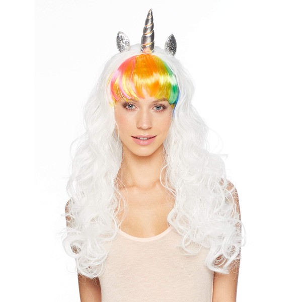 Expression Gifts Unicorn Wig - Multi Color Rainbow Wig With Flowing White Hair - Unicorn Horn And Ears