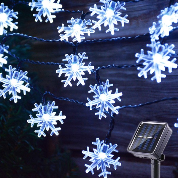 Viewpick 50 LED Solar Christmas Lights Outdoor Cool White Christmas Snowflake String Lights, Solar Powered LED Fairy Lights Xmas Tree Snowflake Decor Light for Party Patio Garden Roof Window Decor