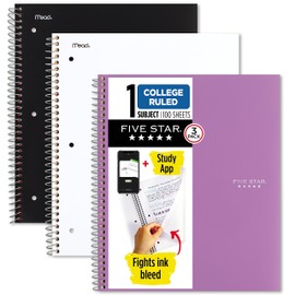 Five Star Spiral Notebooks + Study App, 3 Pack, 1-Subject, College Ruled Paper, 200 Sheets, 11" x 8-1/2", Black, White, Amethyst Purple (820188-ECM)