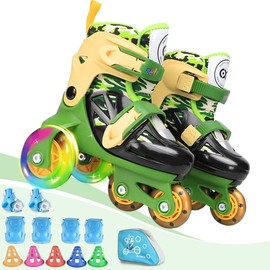 Kids Quad Roller Skate,Roller Skates for Girls Boys,with Adjustable Size&Double Brakes&Luminous Wheels&Protective Gear,3-Point Balance Roller Shoes for Beginners (Camouflage Green, S)