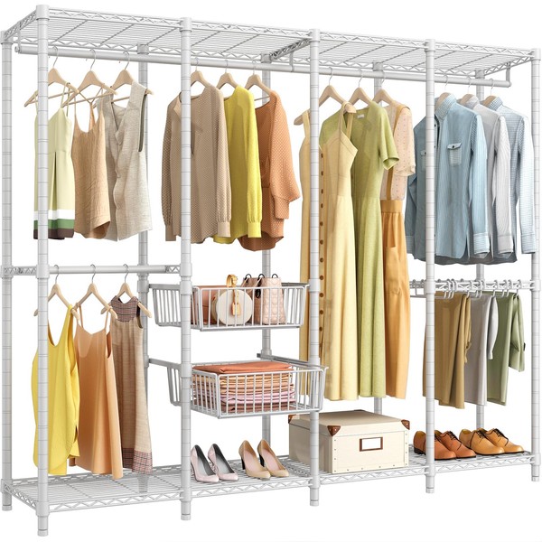 VIPEK V40 Pro Portable Closet Wardrobe Heavy Duty Clothes Rack for Bedroom, Large Closet Rack Freestanding Metal Clothing Rack with 2 Sliding Storage Baskets & 10 Pant Hangers, Max Load 960lbs, White