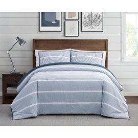 Brooklyn Loom Niari Yarn Dye Stripe Blue 3 Piece Full/Queen Duvet Cover Set