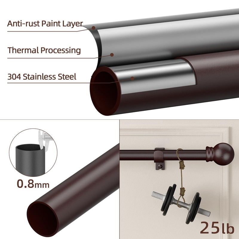 SMODBRODRE Curtain Rods for Window 32 to 62, Brown 5/8