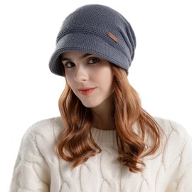 Winter Womens Slouchy Knit Beanie Hat Wide Brim Beret Hat Soft Fleece Liner Crochet Skull Cap Visor Beanie Newsboy Hats Outdoor Winter Ski Hats for Ladies Girls Chunky Cap Warm Chemo Hats for Hair