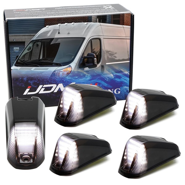 iJDMTOY 5pc Set Black-Out Smoked Lens Xenon White Full LED Front Cab Roof Clearance Marker Lamps Compatible With 2014-2023 Dodge RAM ProMaster 1500 2500 3500 Cargo RV Van