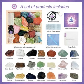 22pcs Real Crystals and Healing Stones with Crystal Neck, Energy Crystals for Beginners Meditation Yoga, Crystals for Beginners with Guide, Wooden Gift Set 7 Chakras Energy Crystals