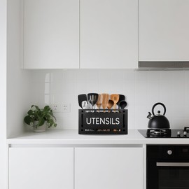 Karisky Utensil Holder for Kitchen Counter, Large 3 Compartments Solid Real Wood Utensil Caddy Organizer with 4 Non-Slip Pads, Rectangular Cooking Tools Storage for Countertop, Black