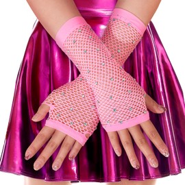 RainFlowwer Pink Fishnet Gloves Arm Sleeves, 80S Scene Emo Accessories Fish Net for Women Kids, Long Rhinestone Fingerless Mesh Gloves