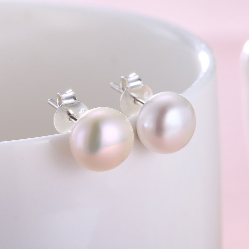 ALYC Pearl Earrings Freshwater Pearl White Button Stud Earrings with