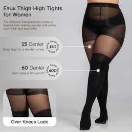 Yilanmy Plus Size Faux Thigh High Stockings for Women, Mock Thigh High Tights Faux Over the Knee Pantyhose Queen Size
