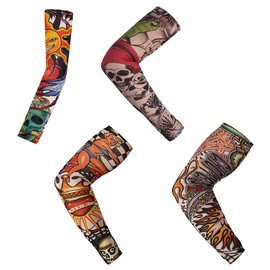 WeddHuis Set of 4 Tattoo Sleeves Set Fake Sun Cream Arm Warmers Tattoo Sleeves Tattoo Arm Stocking for Men Women Nylon Temporary Tattoo Stocking Arm for Carnival Fancy Dress Party, multicoloured