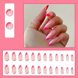HaoTrade 24Pcs French Oval False Nails Medium, Almond Glossy Fake Nails, French Fake Nails Tip, Full Cover False Nails Nude Red Square Stick on Nails, Press on Nails Removable Glue-on Nails