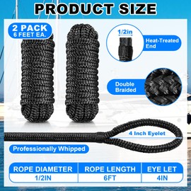2 Pcs 1/2 Inch x 6 ft Boat Fender Lines Marine Grade Double Braided Nylon Boat Ropes with Loop for Tying Fenders and Docking Small Boats Mooring Bumper Rope Boating Gifts for Men