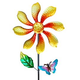 Senflame Metal Outdoor Flower Wind Spinner with Yellow Floral & Blue Butterfly, Decorative Kinetic Wind Sculpture for Yard, Garden, Patio, Lawn - Vibrant Garden Art & Lawn Ornament for Outdoor Decor