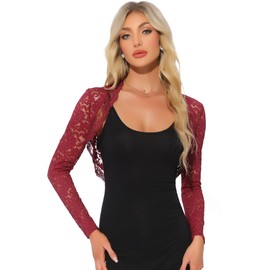 Allegra K Floral Lace Shrug for Women's Ruffle Evening Dress Long Sleeve Open Front Cropped Cardigan Dark Red S