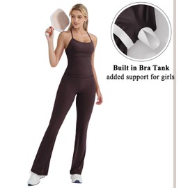 OMKAGI 2 Piece Workout Sets for Women Padded Tank Tops Flare Leggings Pilates Outfits(M,449-Dark Brown)