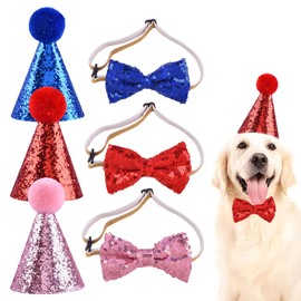 6 PCS Dog Birthday Hat with Pet Bow Tie Adjustable Mini Party Hats Cute Cat Dog Hats with Pompons Cone Small Party Hats for Puppy Kitten Rabbit Small Animals Costume Accessories