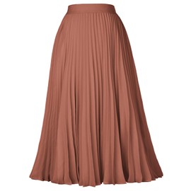 Kate Kasin Women's Pleated Midi Skirt A-Line Solid Color Brown Size L KK659-5