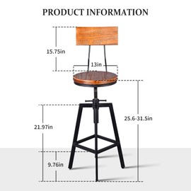 Industrial Bar Stools with Wood Backrest 25-32inch Height Adjustable Kitchen Island Dining Chair Extra Guest Stool Swivel Wooden Seat(Set of 2)