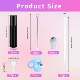 150 Pcs Essential Oil Roller Bottles 10 ml Leakproof Empty Glass Roll on Bottles with Stainless Steel Roller Balls with 20 Funnels 20 Droppers 5 Opener for Travel Perfume Essential Oil (Black)