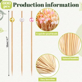 Reallnaive 600 Pcs Cocktail Pick Toothpick for Appetizer 4.7 Inch Pearl Cocktail Skewer for Drink Bamboo Flavored Stick Charcuterie Fruit Food Accessories Birthday Wedding Party Decoration (Colorful)
