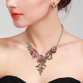 Clearine Beautiful Jewellery Set for Women, Impressive Crystal Rose Flower Leaf Cluster Statement Necklace Dangle Drop Earrings Set for Party Prom Accessories, Crystal