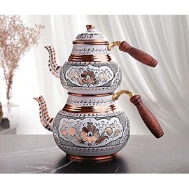 LaModaHome Handmade Copper Turkish Traditional Tea Pot with Wooden Non-Burning Handle and Lid, Tea Kettle Pots Set for Stove Top Decorative Vintage Antique Floral Housewarming Wedding, Home Decor