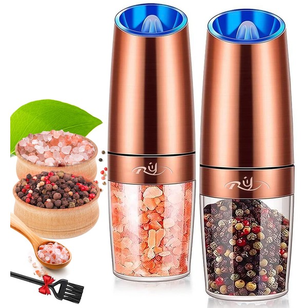 Gravity Salt and Pepper Grinder Set, Ceramic Rotor, Stainless Steel,Blue LED Light,Battery Powered, Adjustable Coarseness, Support One Hand Use, Ideal partner for kitchens, Copper, By Rongyuxuan