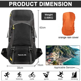 jianyana Hiking Backpack Waterproof 50L Foldable Rucksack Durable Lightweight Camping Bag with Rain Cover for Camping Trekking Hiking Walking Cycling Climbing Outdoor Sports for Women Men(Black)